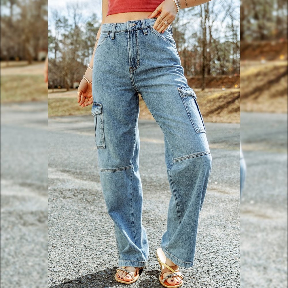 Sky Blue Cool Cargo Style Wide Leg Jeans